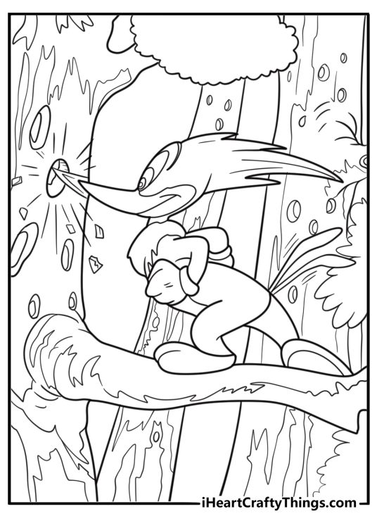 Woody woodpecker hammering on a wooden fence coloring sheet