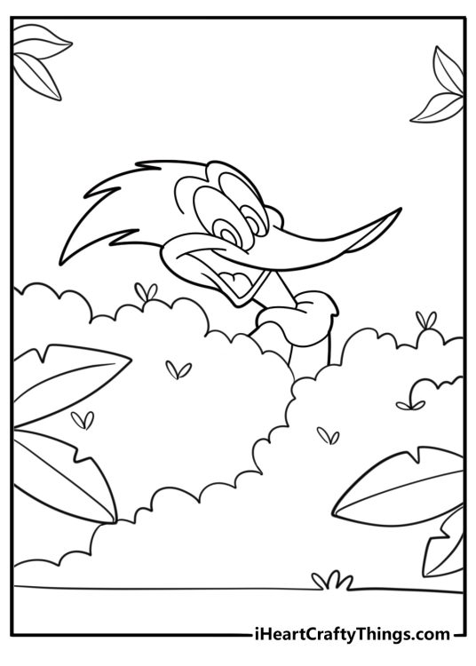 Woody woodpecker hiding behind a bush in the forest coloring page