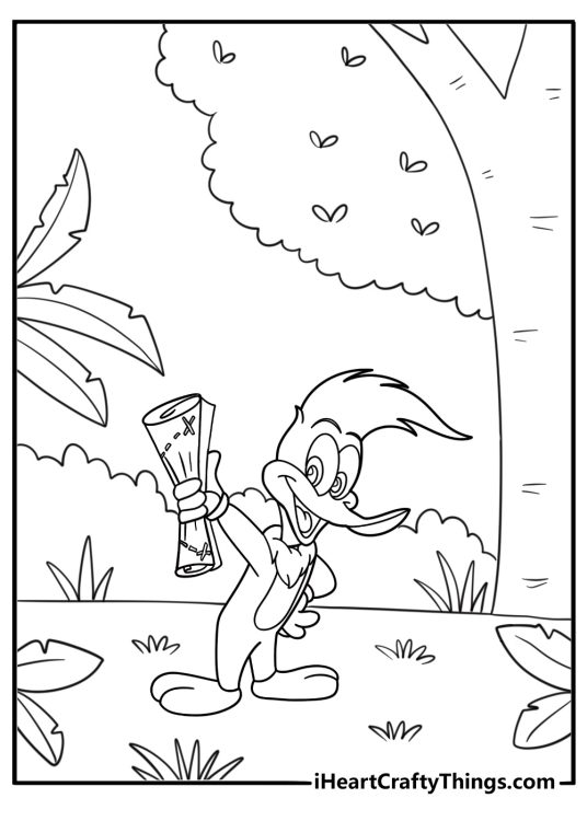 Woody woodpecker holding a map while exploring coloring page