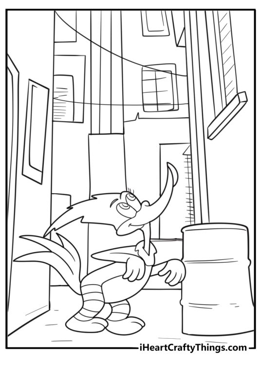 Woody woodpecker in the city looking up at buildings coloring page