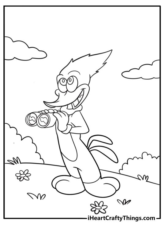 Woody woodpecker looking through binoculars fun cartoon coloring page