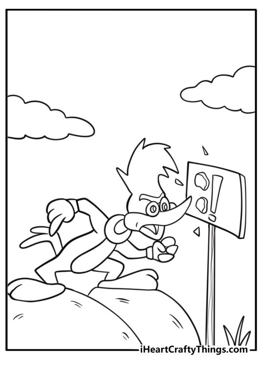 Woody woodpecker making a hole in a wooden sign coloring sheet