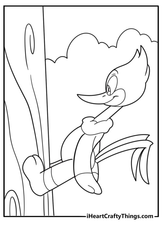 Woody woodpecker pecking a tree cartoon coloring page