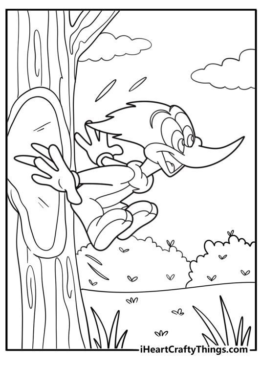 Woody woodpecker popping out of a tree hole coloring sheet for kids