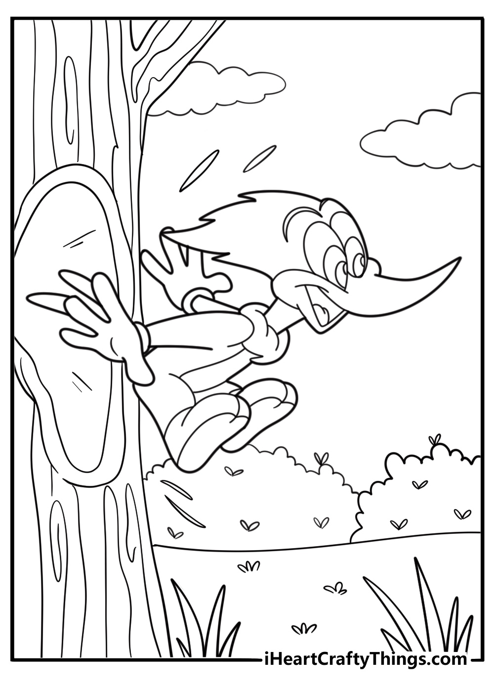 woody woodpecker popping out of a tree hole coloring sheet for kids