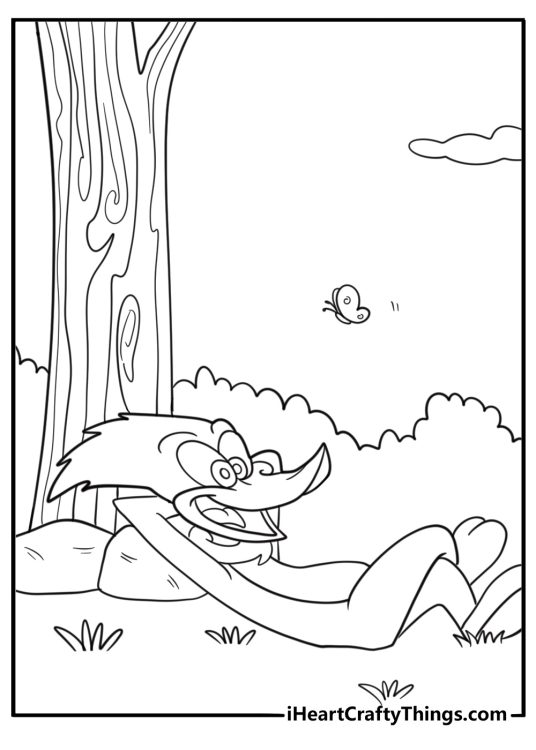 Woody woodpecker resting under a tree with his eyes closed coloring page