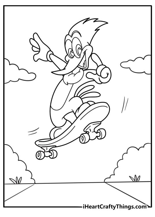 Woody woodpecker riding a skateboard cartoon style coloring sheet
