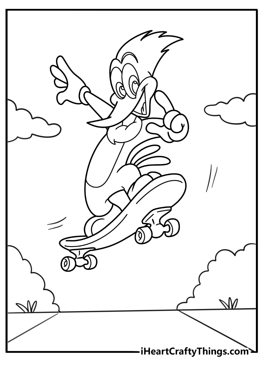 woody woodpecker riding a skateboard cartoon style coloring sheet