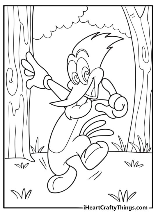 Woody woodpecker running through the forest coloring page for kids