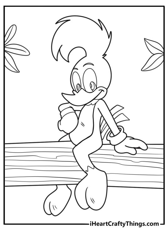 Woody woodpecker sitting on a tree branch simple coloring page