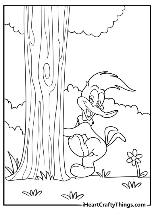 Woody woodpecker sneaking behind a tree easy coloring sheet