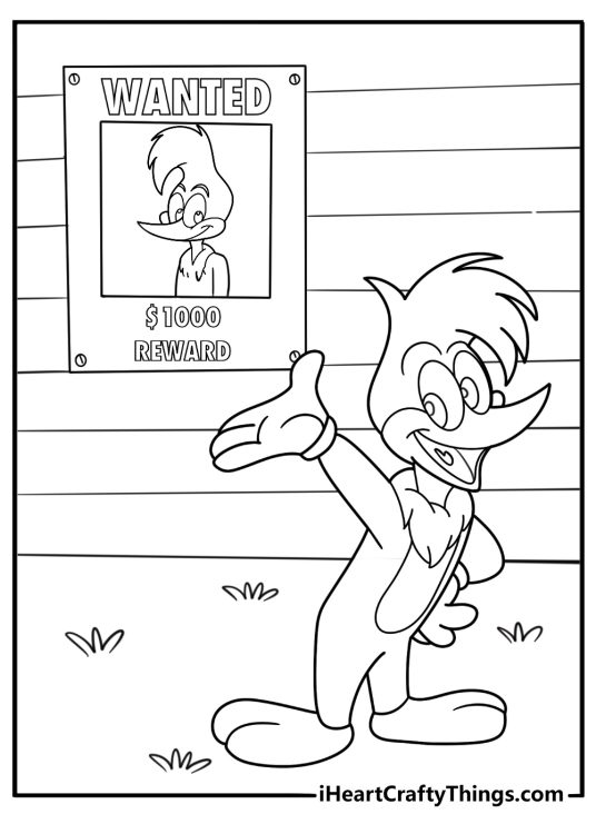 Woody woodpecker standing next to a signpost coloring page