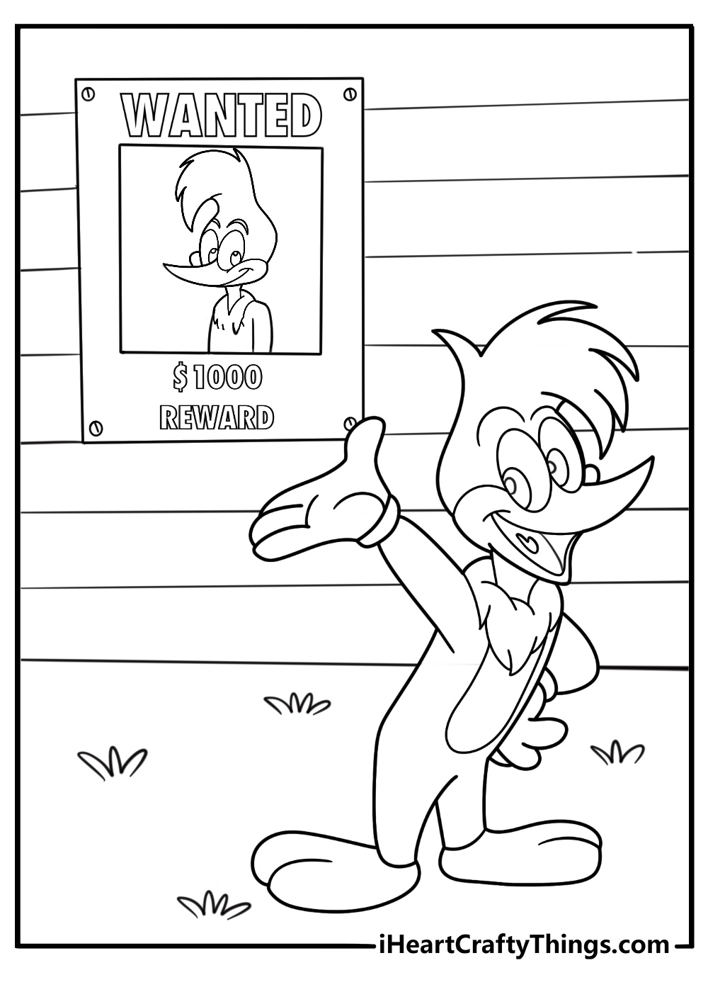 woody woodpecker standing next to a signpost coloring page