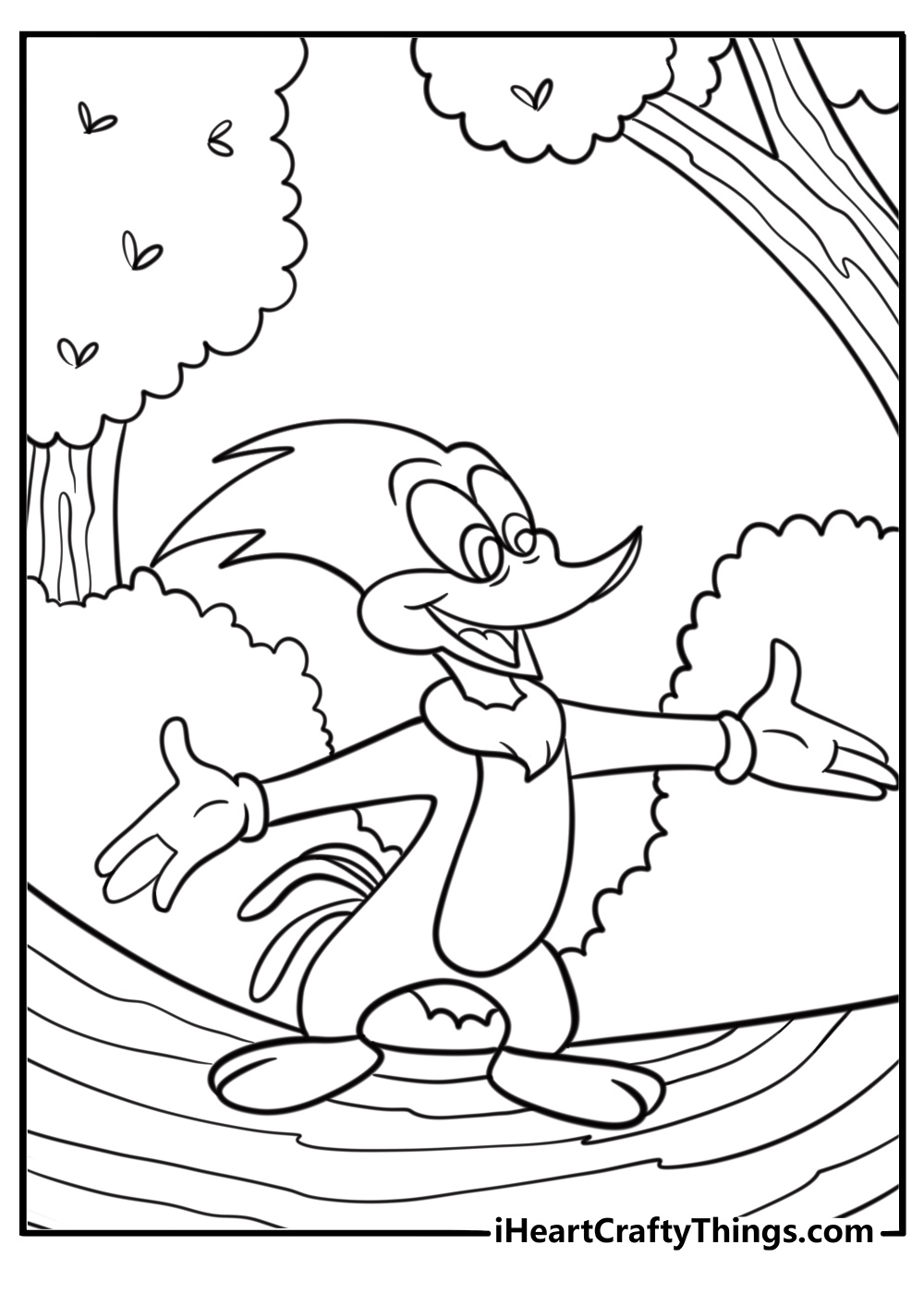 woody woodpecker standing proudly in front of a tree detailed coloring page for adults