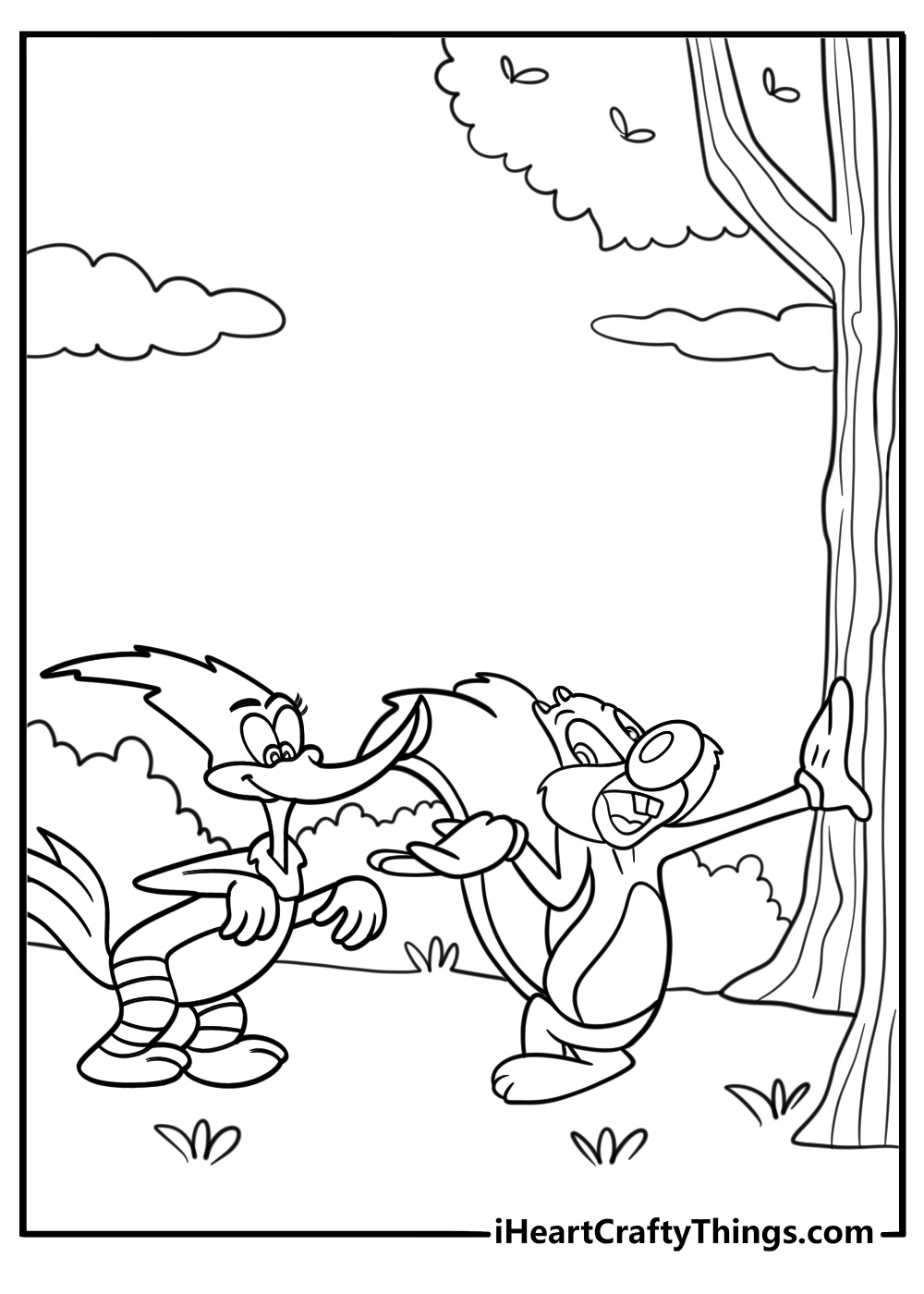 woody woodpecker talking to a squirrel cartoon coloring sheet