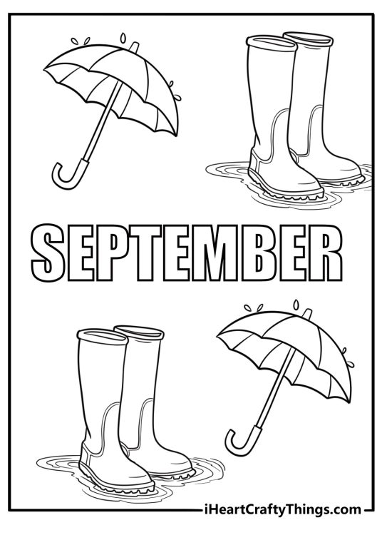 word September decorated with umbrellas boots and raindrops easy coloring page