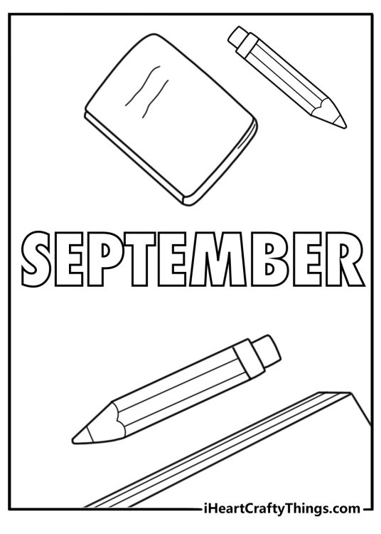 word September written in bold letters with school supplies like pencils and books coloring page