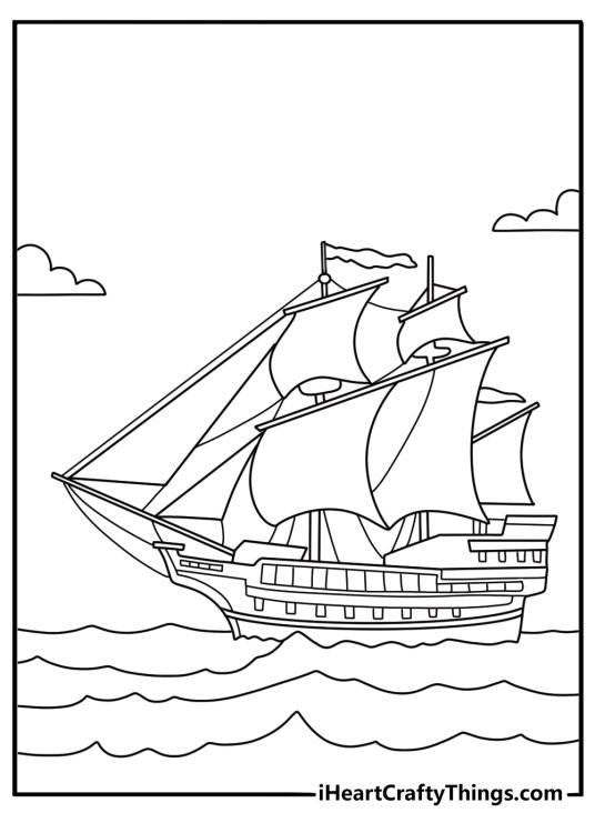 A Mayflower ship sails across the ocean in this historical coloring printable