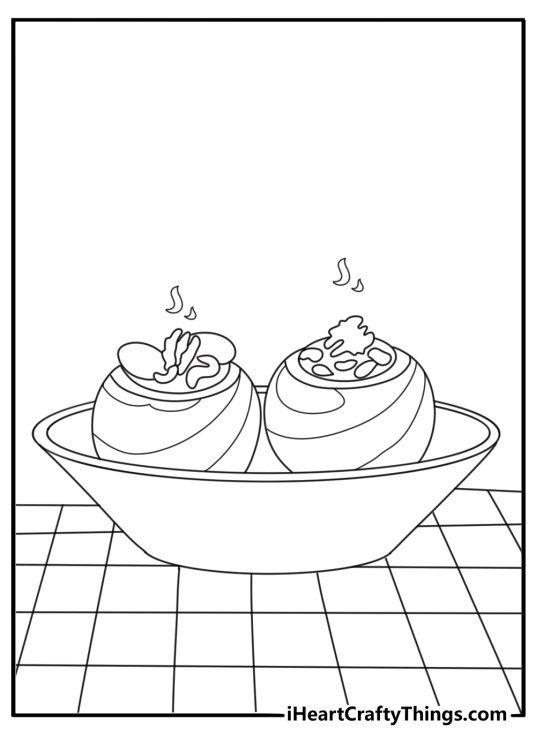 A baked apple sits inside a small dish in this easy printable