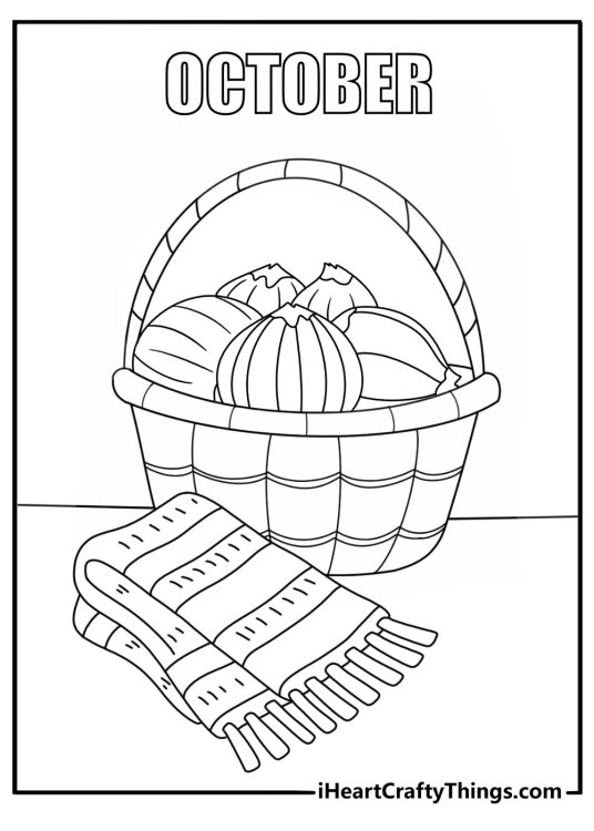 A basket of chestnuts rests beside a knitted scarf in this easy coloring page