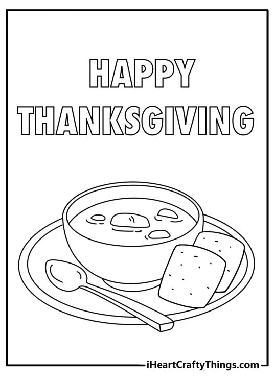 A bowl of warm soup sits beside crackers in this simple Thanksgiving printable