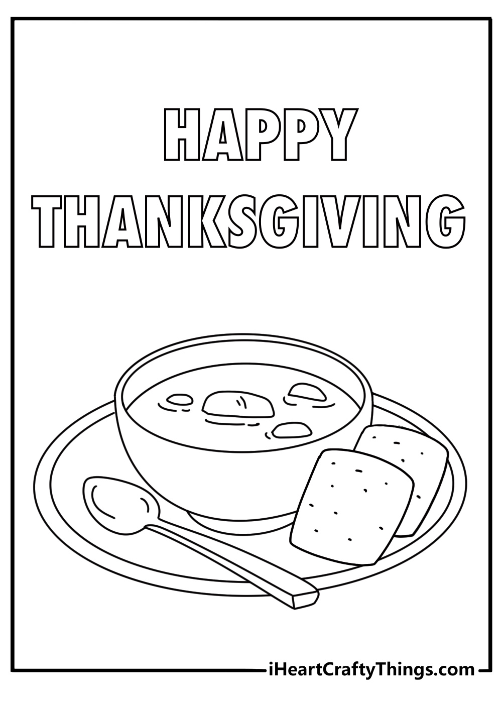 A bowl of warm soup sits beside crackers in this simple Thanksgiving printable