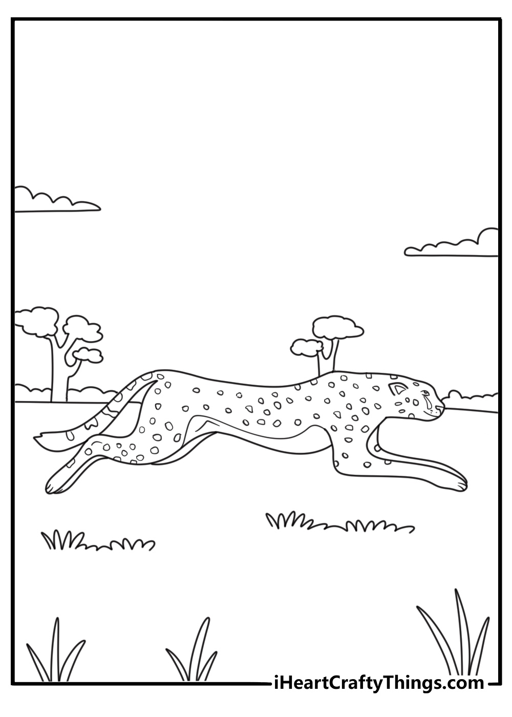 A cheetah runs across the savanna in this detailed coloring sheet