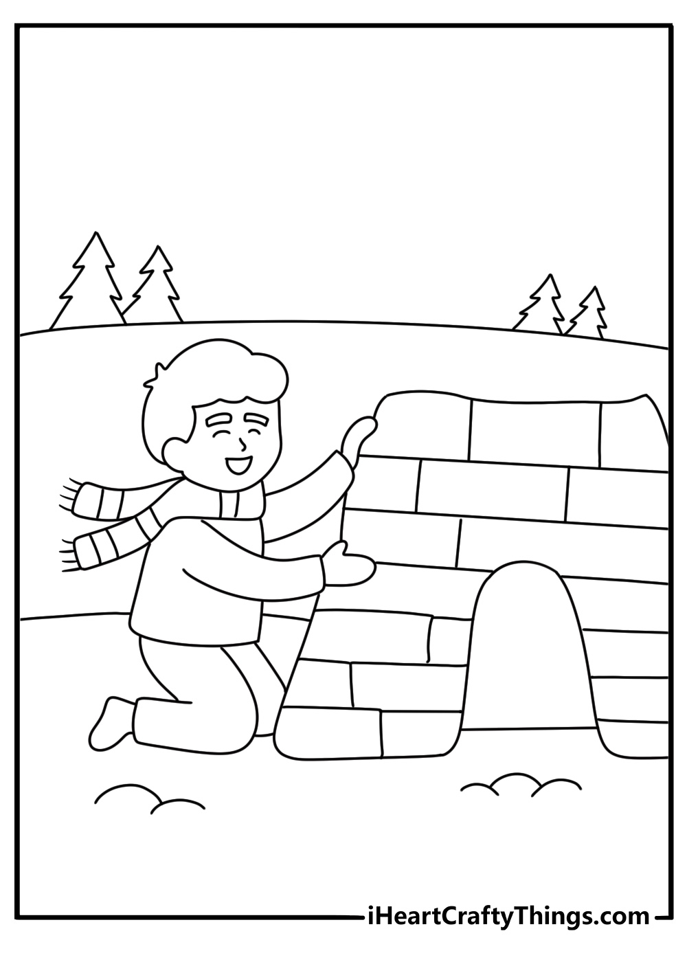 A child builds a snow fort in this fun coloring sheet