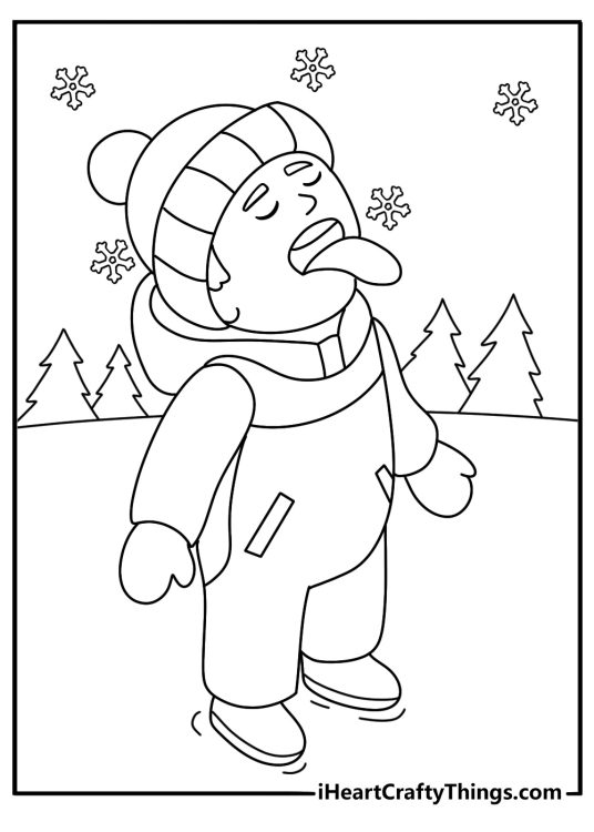 A child catches falling snow on their tongue in this playful printable
