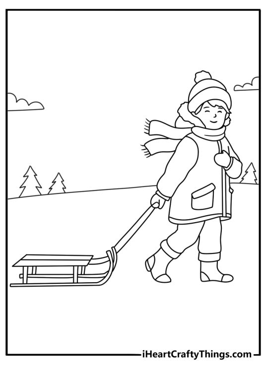 A child pulls a small toboggan along a snowy path in this easy sheet