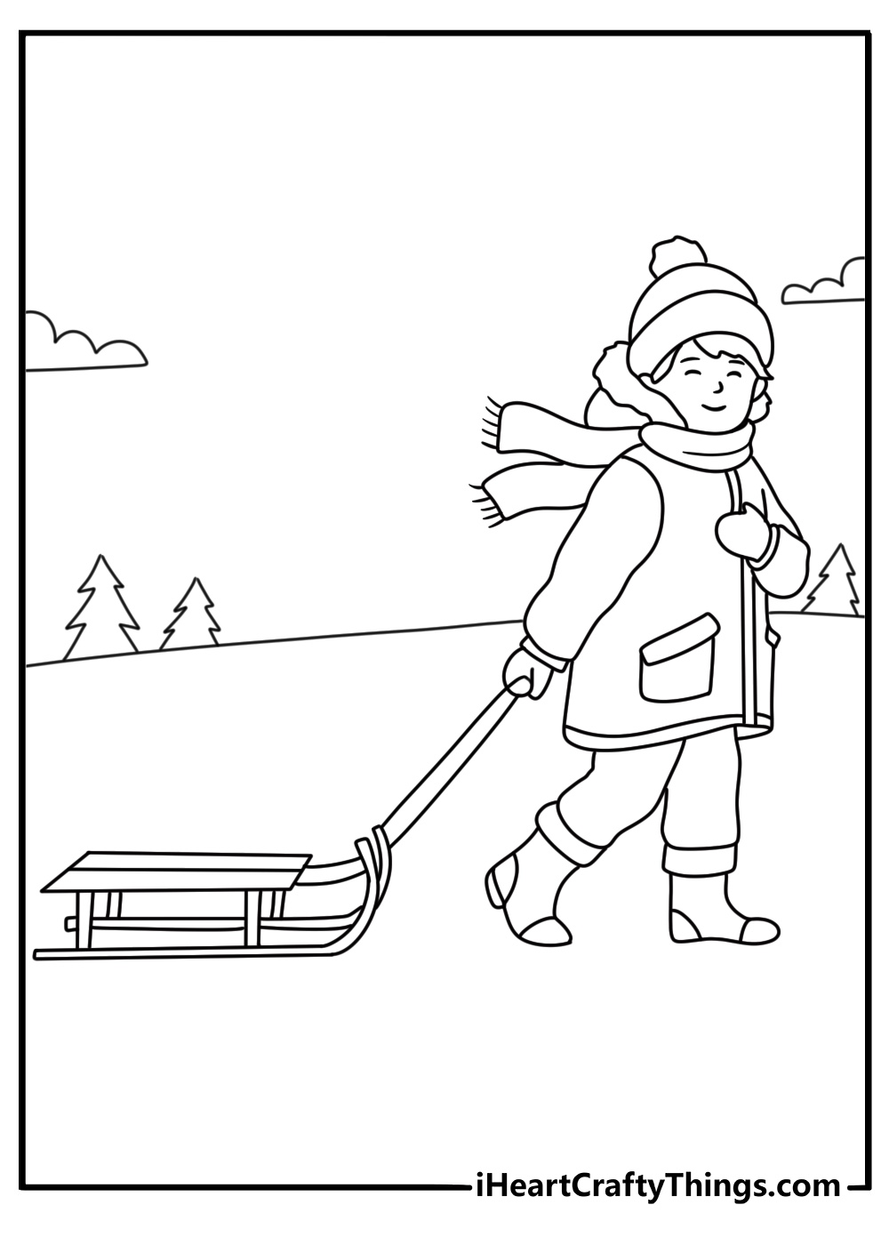 A child pulls a small toboggan along a snowy path in this easy sheet