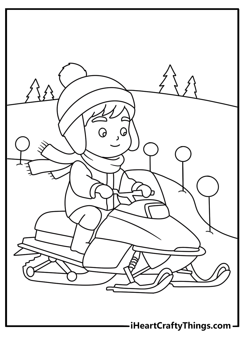 A child rides a snowmobile along a marked winter trail