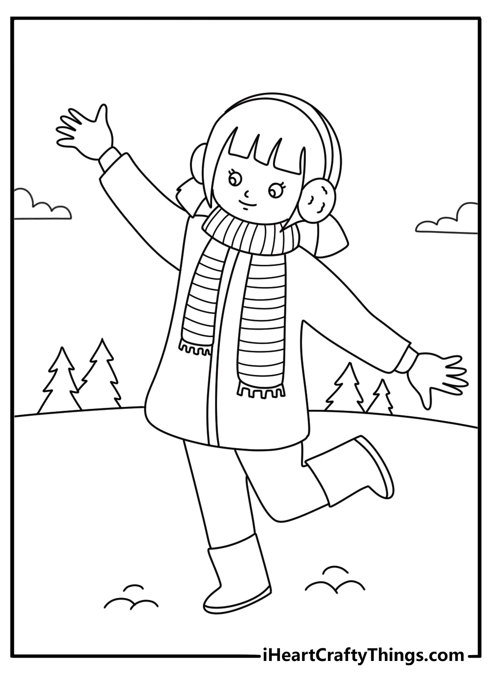 A child wears earmuffs and a thick coat in this simple winter printable