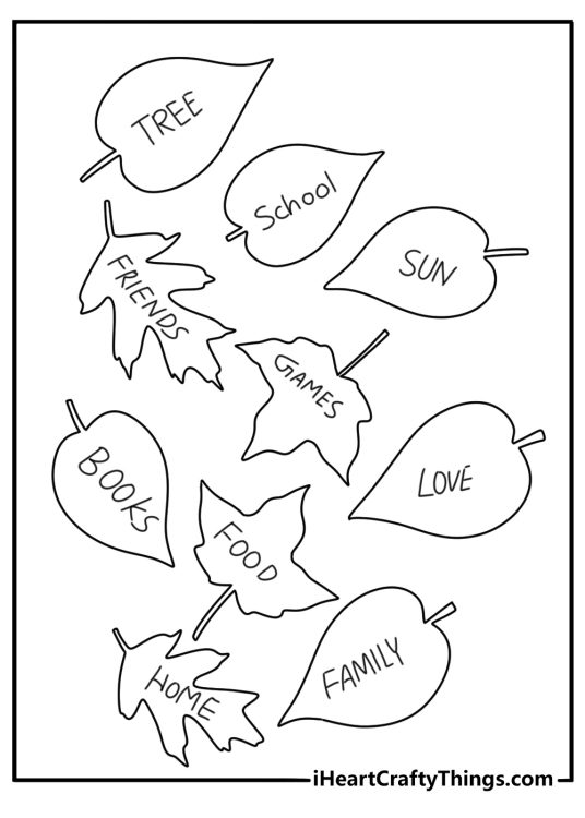 A child writes things to be thankful for on paper leaves in this coloring page