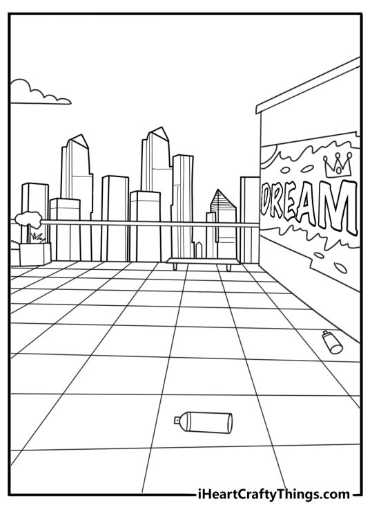 A city rooftop covered in simple tags completes this printable sheet