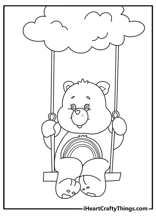 A cloud swing hangs beside Cheer Bear in this simple coloring printable
