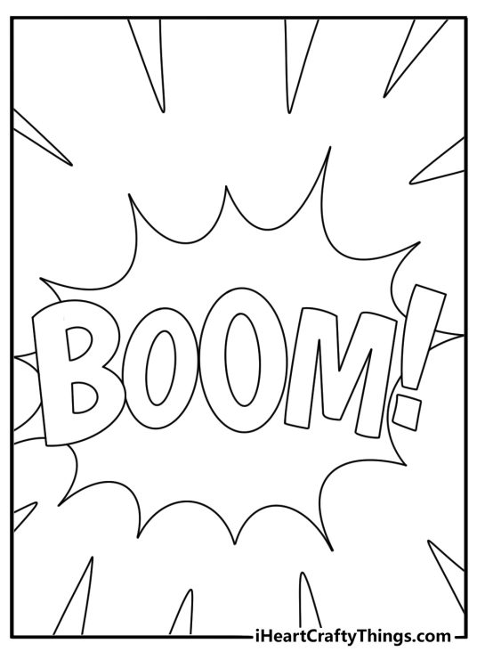 A comic style boom word fills this fun coloring sheet