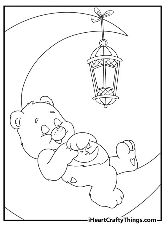 A cozy Care Bears scene shows Bedtime Bear beside a night lamp