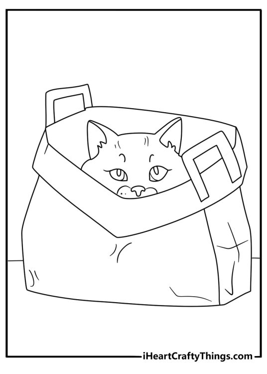 A curious kitten explores a paper shopping bag in this simple coloring sheet