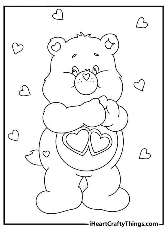 A cute Care Bears coloring page features Love a Lot Bear near floating hearts