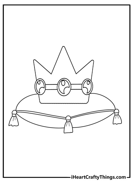A cute Princess Peach coloring page features her crown on a velvet cushion