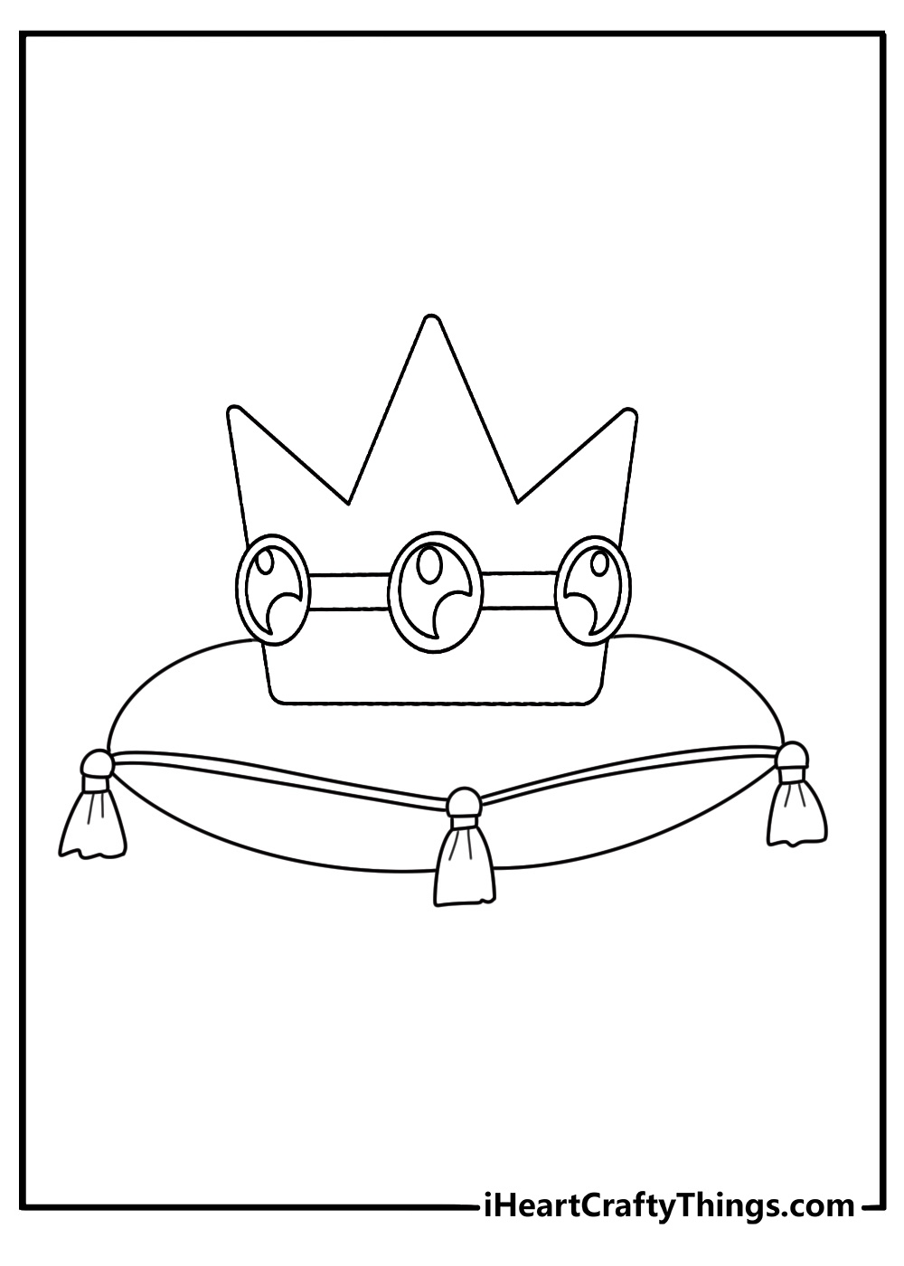 A cute Princess Peach coloring page features her crown on a velvet cushion