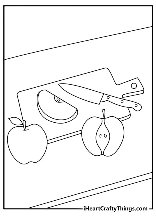 A cutting board with apple wedges fills this simple food coloring printable