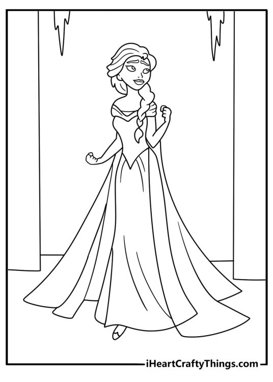 A detailed coloring page features Elsa inside Ahtohallan with ice crystals