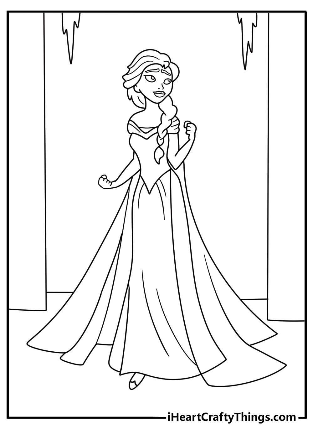 A detailed coloring page features Elsa inside Ahtohallan with ice crystals