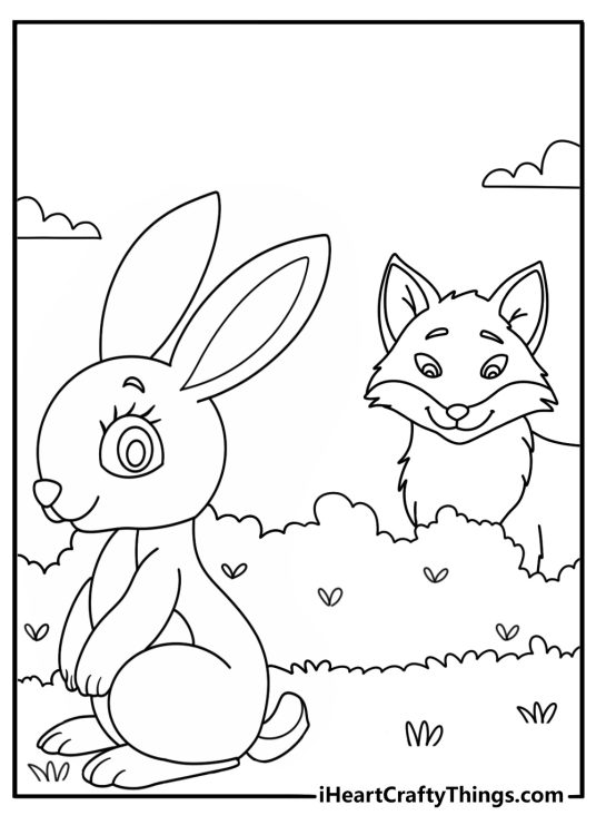 A detailed nature sheet features a fox watching a rabbit from tall grass