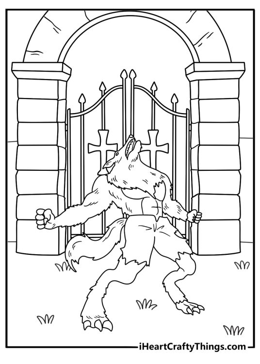 A detailed night scene features a werewolf near a foggy cemetery gate