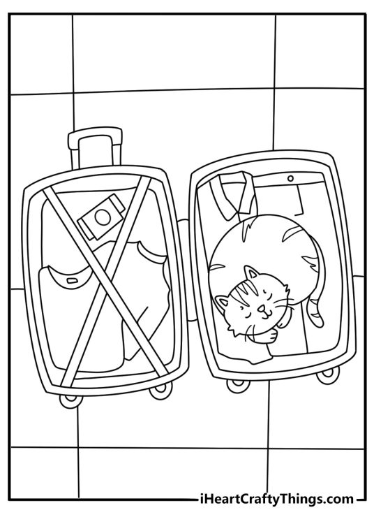 A fluffy cat rests inside an open suitcase in this fun coloring sheet