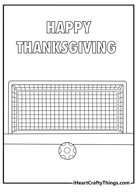 A football rests beside a goal post in this Thanksgiving printable