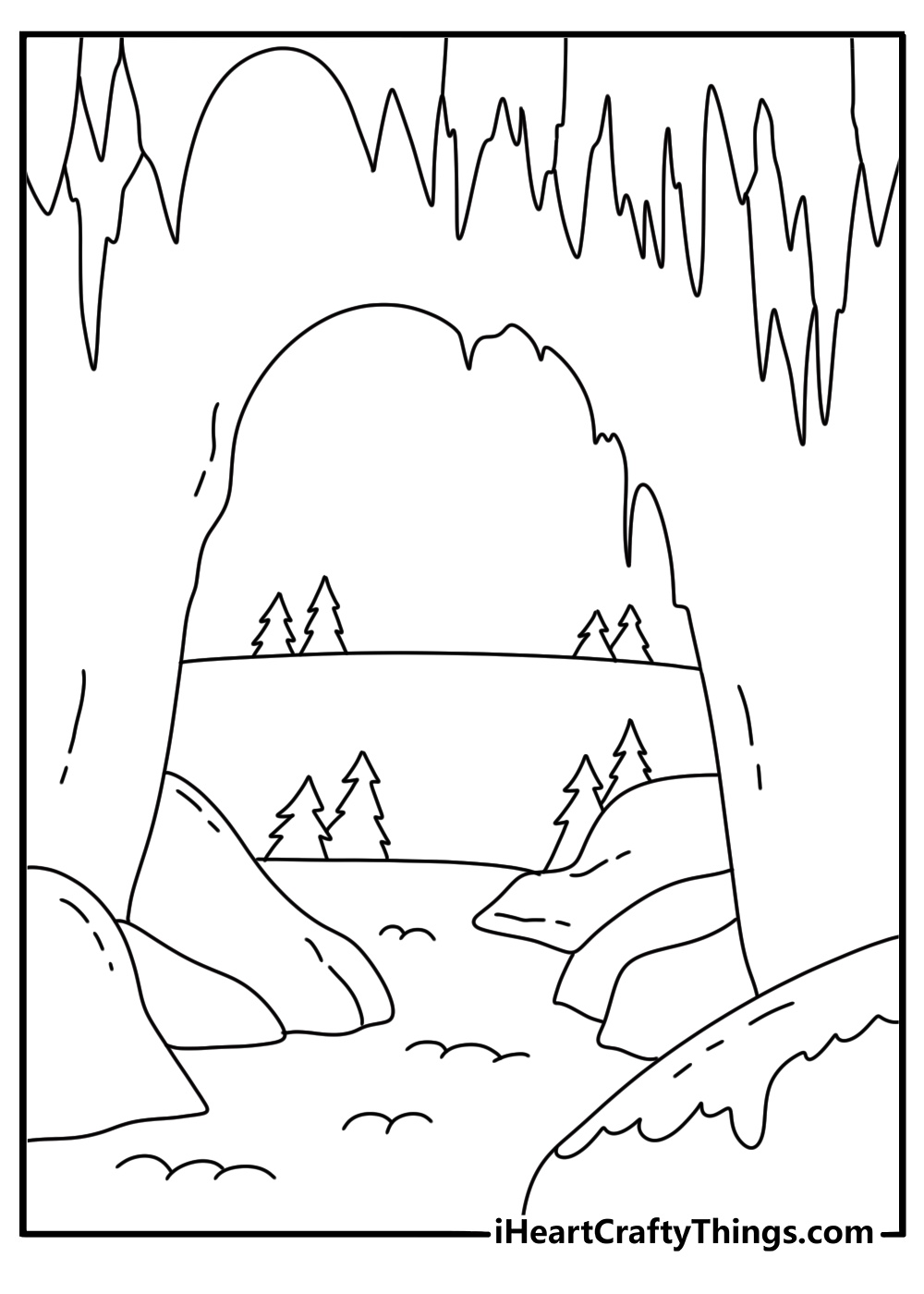 A frozen cave filled with long ice formations makes a detailed coloring sheet